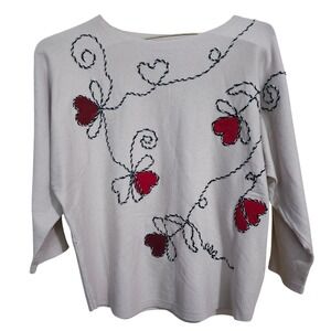 Mila Milano Sweater Womens Large Beige Red Heart Embroidered Dolman Knit Top